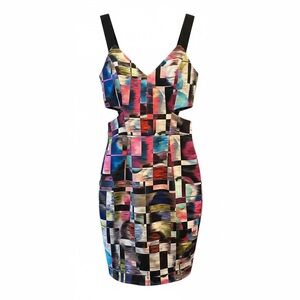Milly Cubist Print Sheath Dress 2 Side Cutout V-Neck BodyCon Evening
